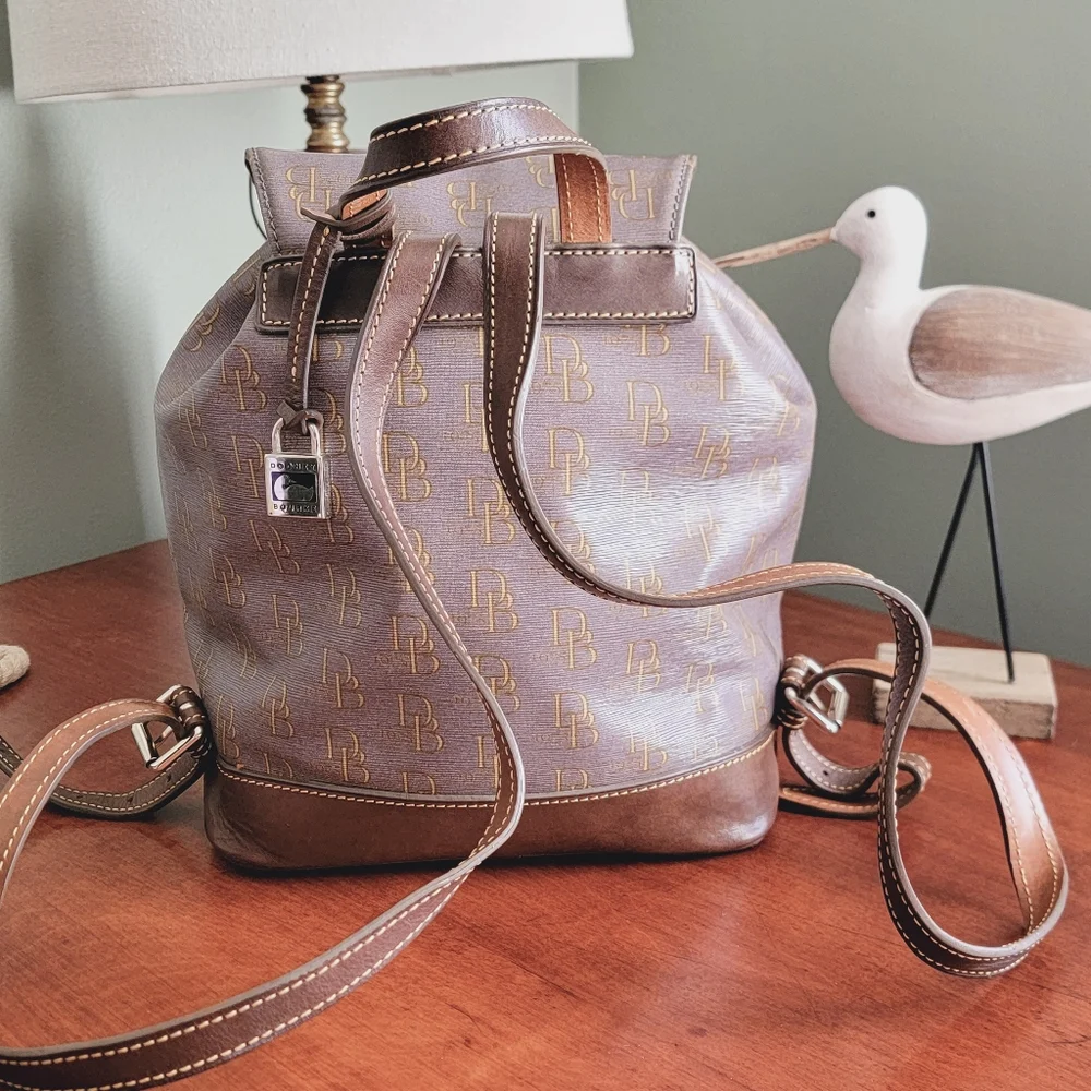 Dooney & Bourke DB Monogram Backpack Pewter Gray Coated Canvas Leather Bag